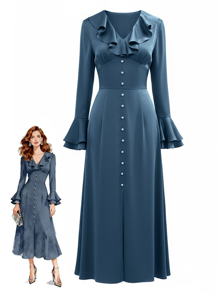[Pre-Sale] Blue-Gray 1940s Button Satin Split Dress