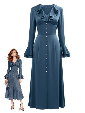 Blue-Gray 1940s Button Satin Split Dress