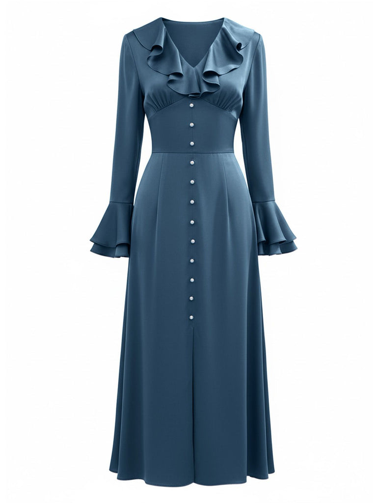 [Pre-Sale] Blue-Gray 1940s Button Satin Split Dress