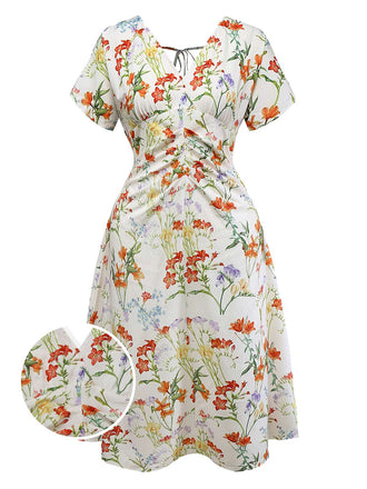 [Pre-Sale] [Plus Size] White 1930s V-Neck Floral Ruched Dress