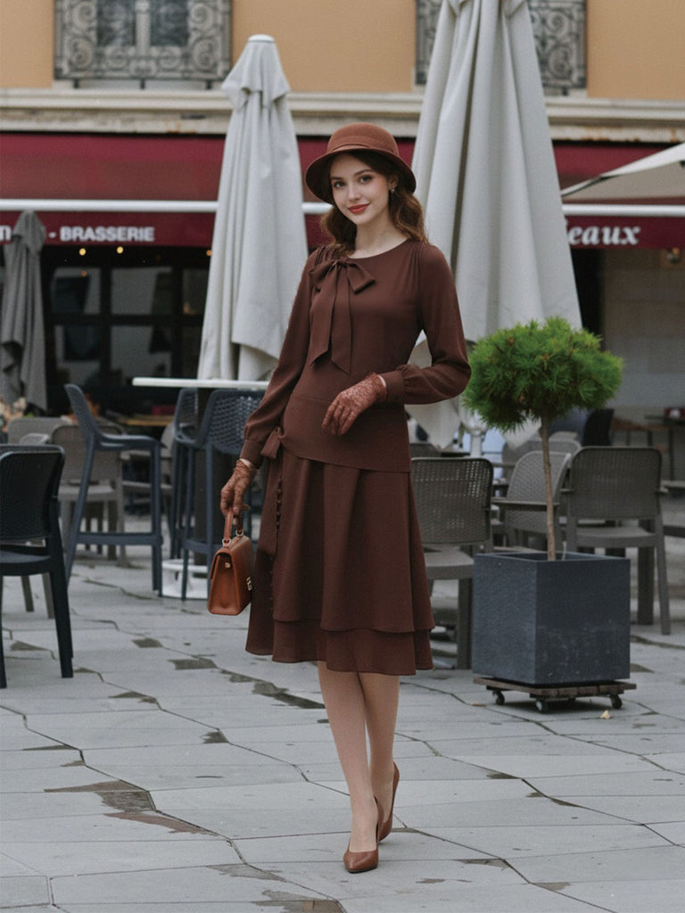 Brown 1920s Bow Tie Belted Waist Dress