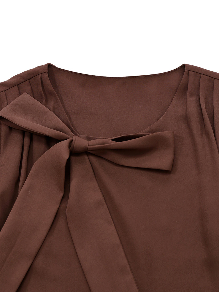 Brown 1920s Bow Tie Belted Waist Dress