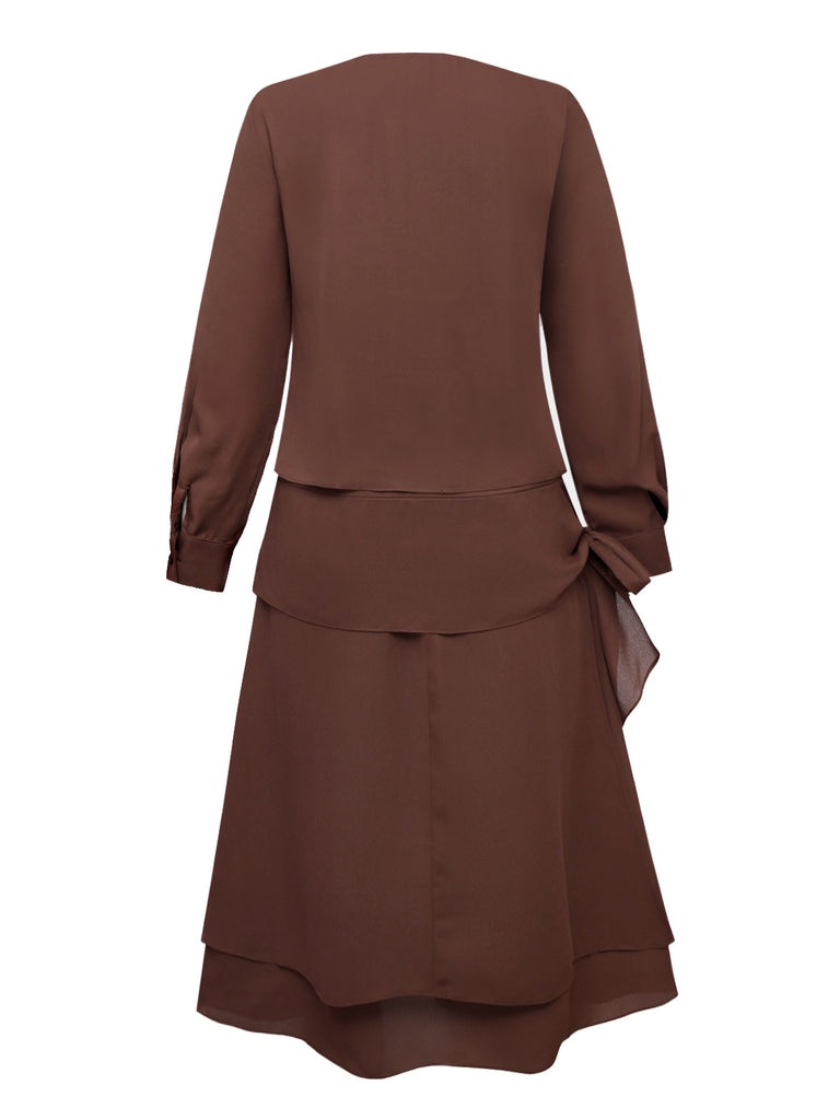 Brown 1920s Bow Tie Belted Waist Dress