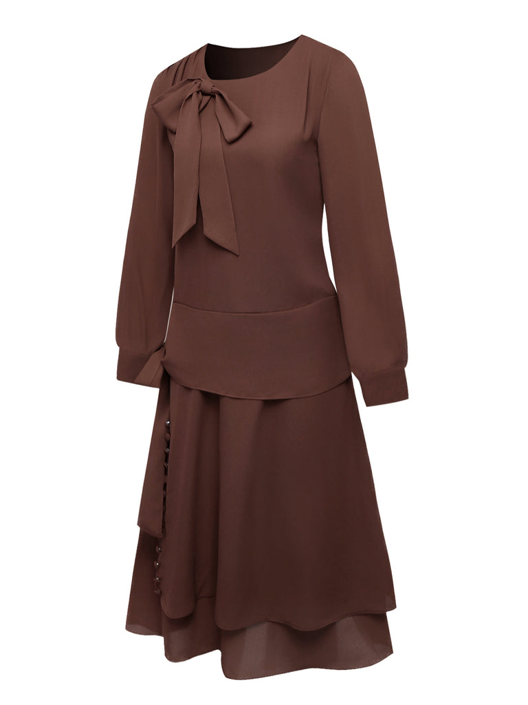 Brown 1920s Bow Tie Belted Waist Dress