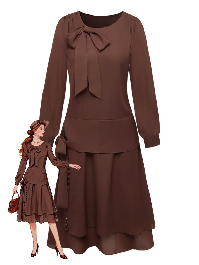 Brown 1920s Bow Tie Belted Waist Dress