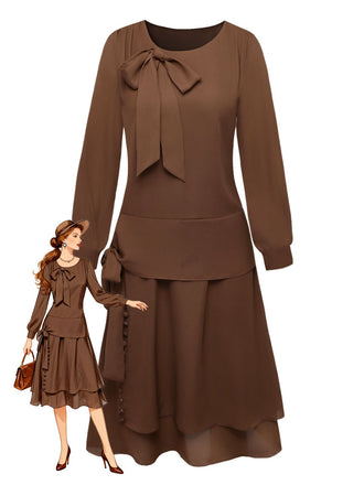 [Pre-Sale] Brown 1920s Bow Tie Belted Waist Dress