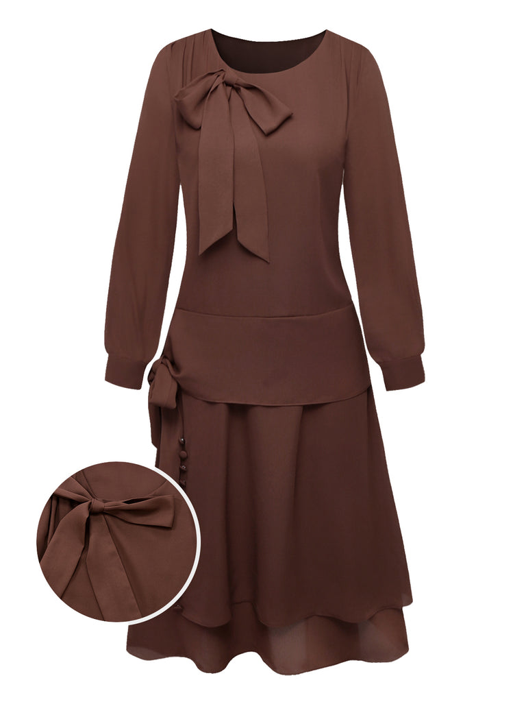 Brown 1920s Bow Tie Belted Waist Dress