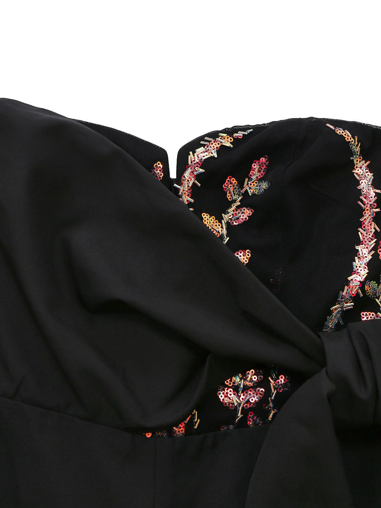 [Pre-Sale] Black 1960s Embroidered Floral Tie-Up Strapless Jumpsuit