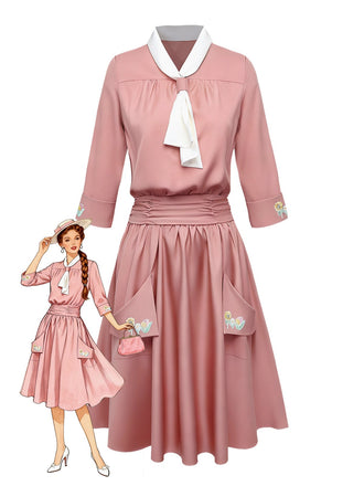 [Pre-Sale] Pink 1920s Tie Neck Embroidery Large Pockets Dress