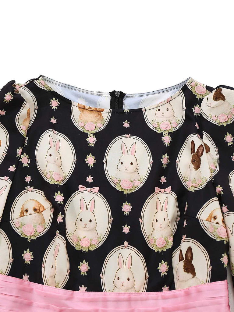 [Pre-Sale] Black 1950s Boat Neck Bunny Puppy Print Dress