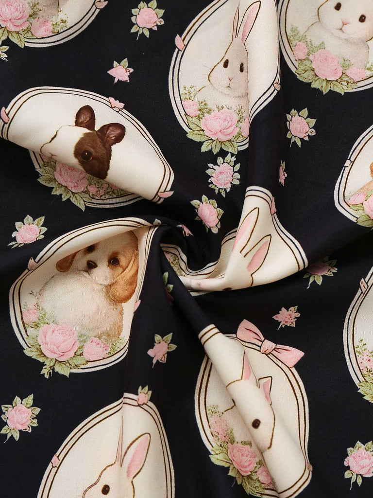 [Pre-Sale] Black 1950s Boat Neck Bunny Puppy Print Dress