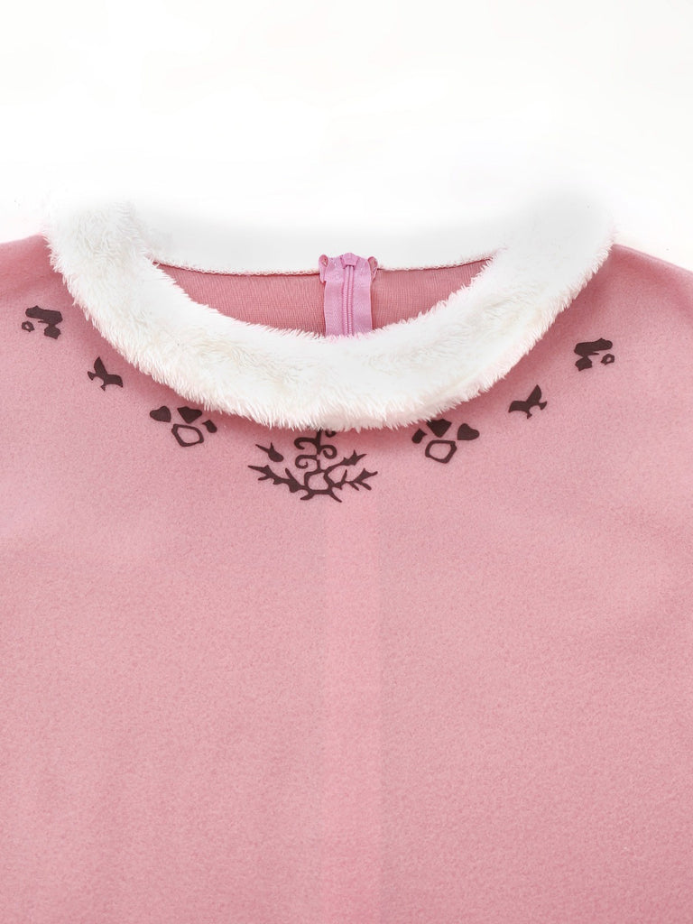 Pink 1950s Christmas Elf Plush-Edged Dress Set