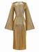 Gold Foil 1970s Batwing Sleeve Waist Ruched Dress