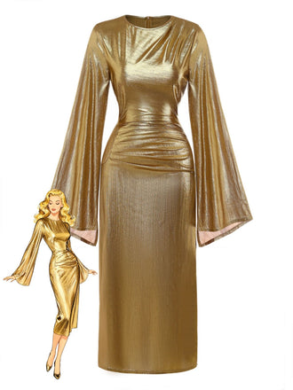 Gold Foil 1970s Batwing Sleeve Waist Ruched Dress