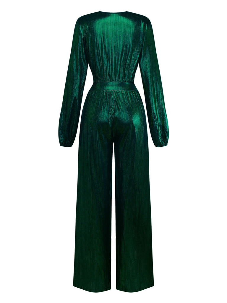 Dark Green 1930s Metallic V-Neck Lantern Sleeve Jumpsuit