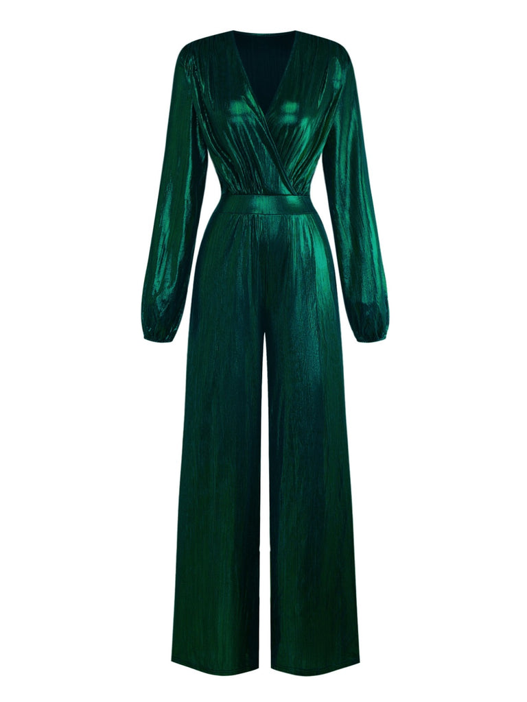 Dark Green 1930s Metallic V-Neck Lantern Sleeve Jumpsuit