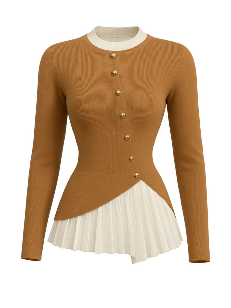 Brown 1970s Irregular Button Patchwork Knit Top