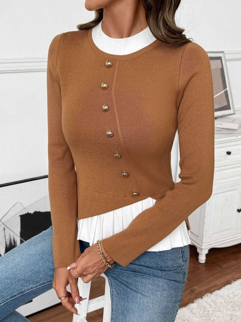 Brown 1970s Irregular Button Patchwork Knit Top