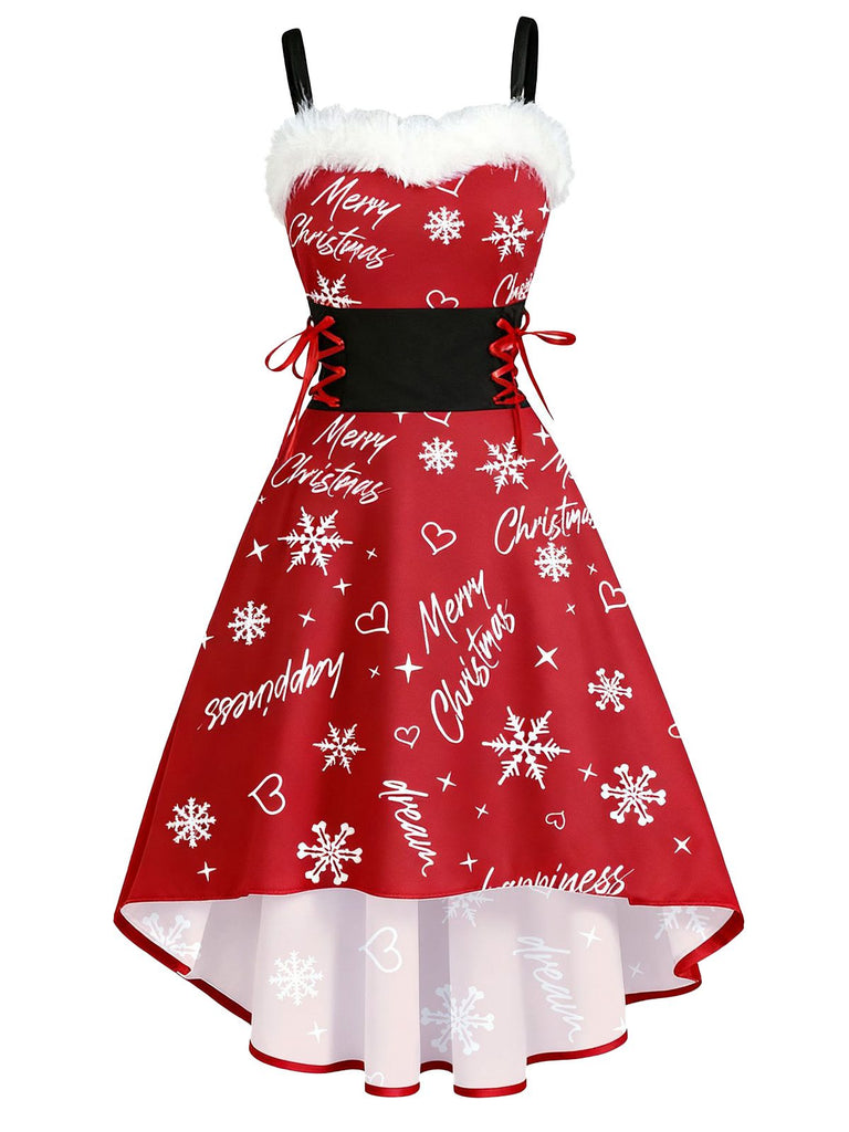 1950s Christmas Tartan Fur Trimmed High-Low Hem Dress