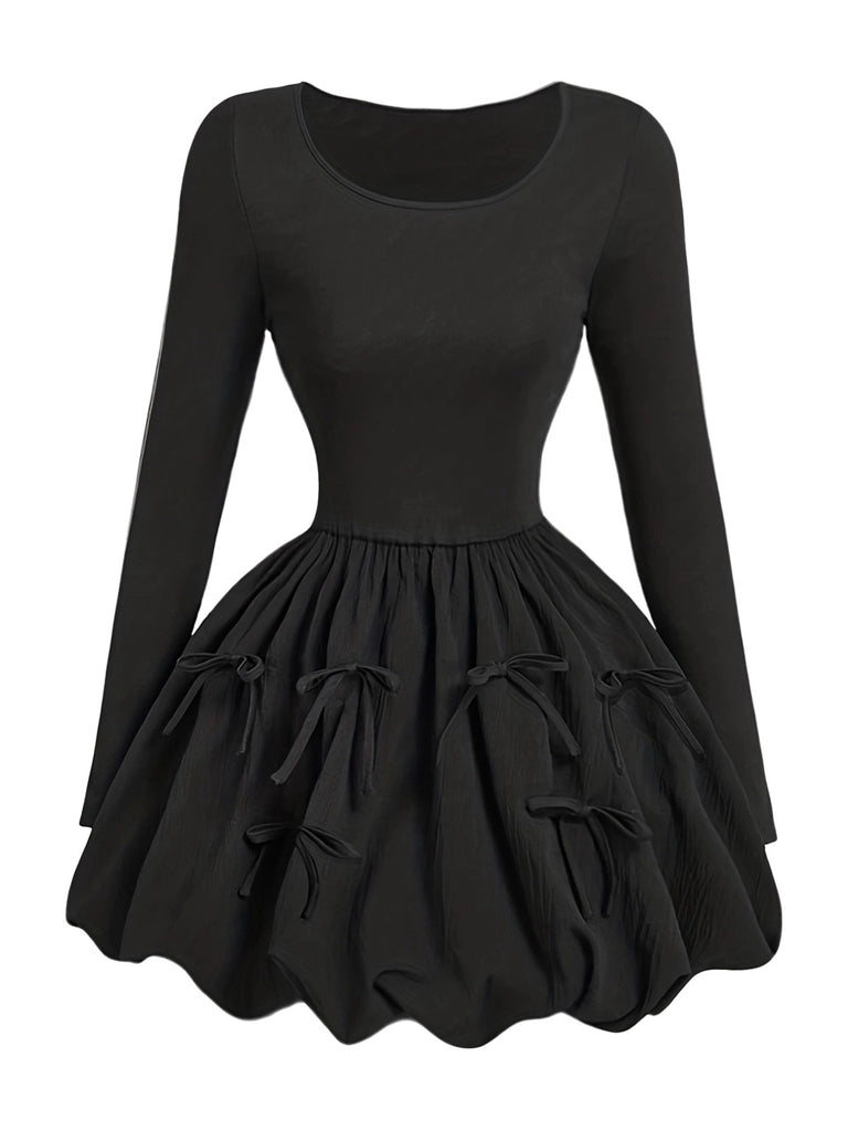 Black 1970s 3D-Bow Solid Bubble Dress