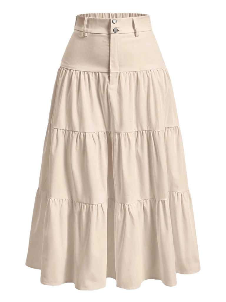Beige 1940s Solid Multi-Layer Ruffled Skirt