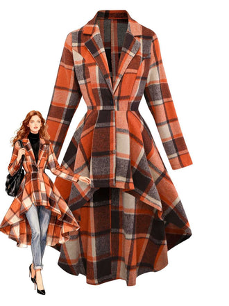 Orange 1950s Plaid High Low Hem Lapel Jacket