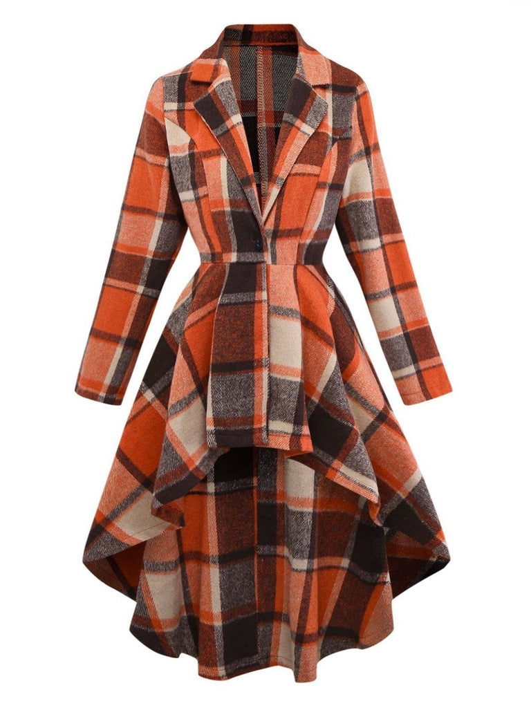 Orange 1950s Plaid High Low Hem Lapel Jacket