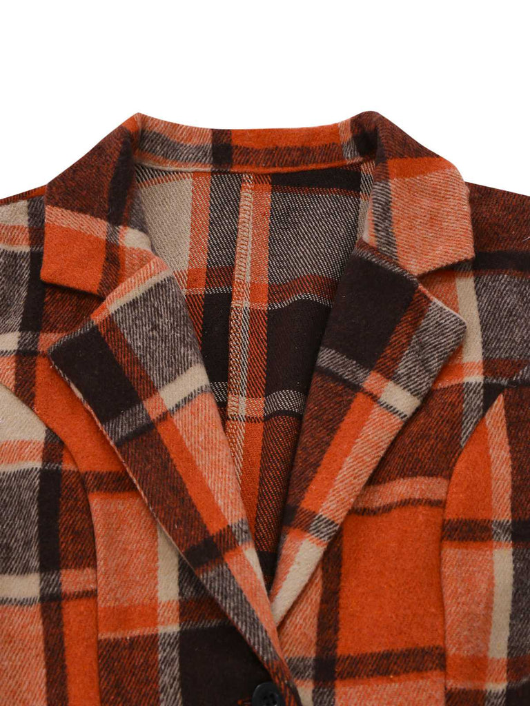 Orange 1950s Plaid High Low Hem Lapel Jacket
