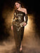 [Plus Size] Gold 1930s One-Shoulder Metallic Ruched Dress