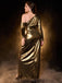 [Plus Size] Gold 1930s One-Shoulder Metallic Ruched Dress