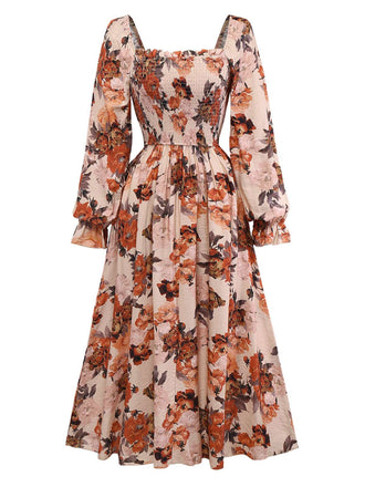 Multicolor 1930s Floral Smocked Cinched Sleeve Dress