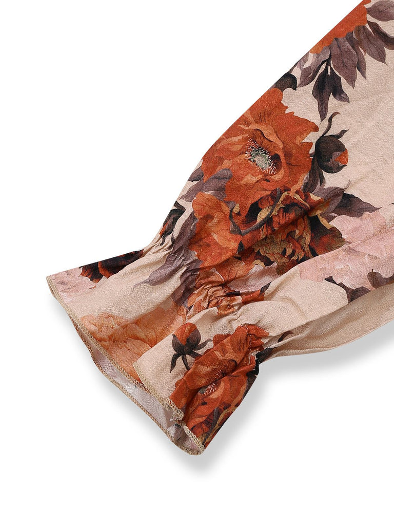 Multicolor 1930s Floral Smocked Cinched Sleeve Dress