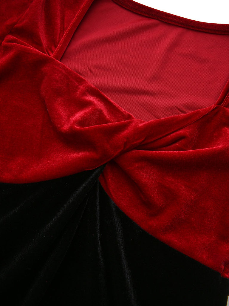 Red & Black 1960s Velvet Twisted V-Neck Bodycon Dress