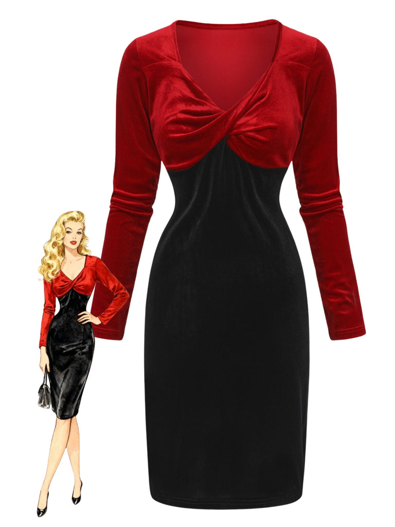 Red & Black 1960s Velvet Twisted V-Neck Bodycon Dress