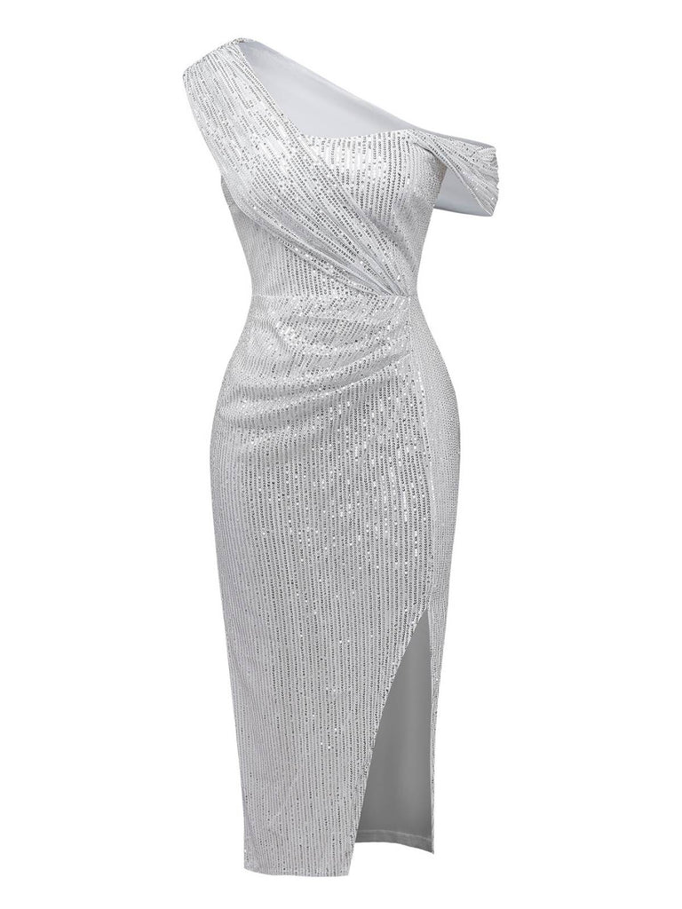 Silver 1920s Sequin One-Shoulder Side-Slit Dress