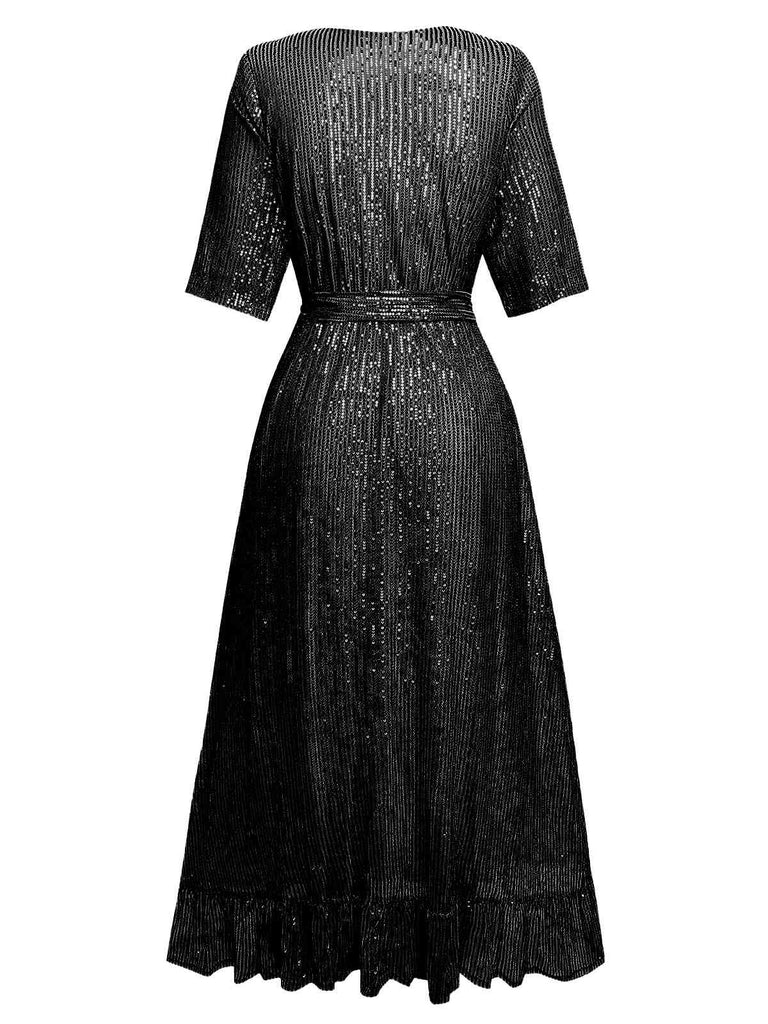 1930s V-Neck Sequined Ruffled Hem Dress