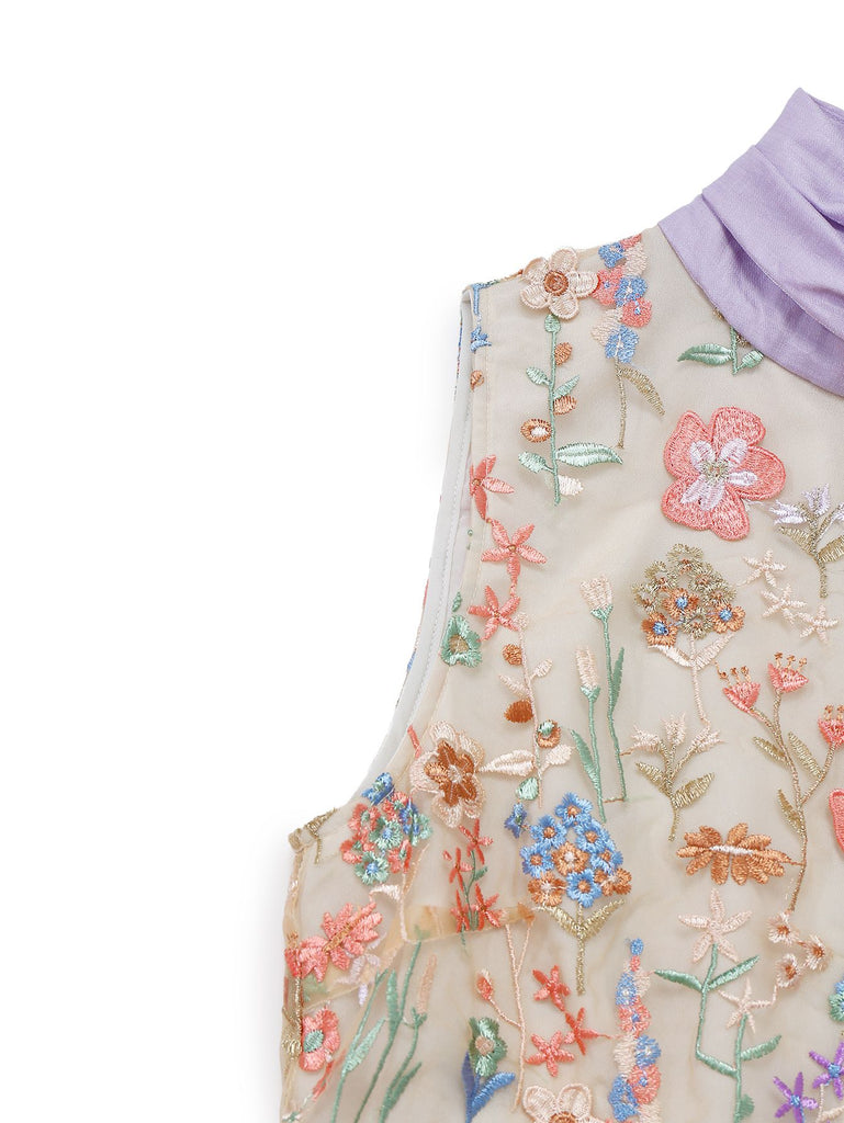 [Pre-Sale] Purple 1950s Floral Embroidered Tie Pleated Dress