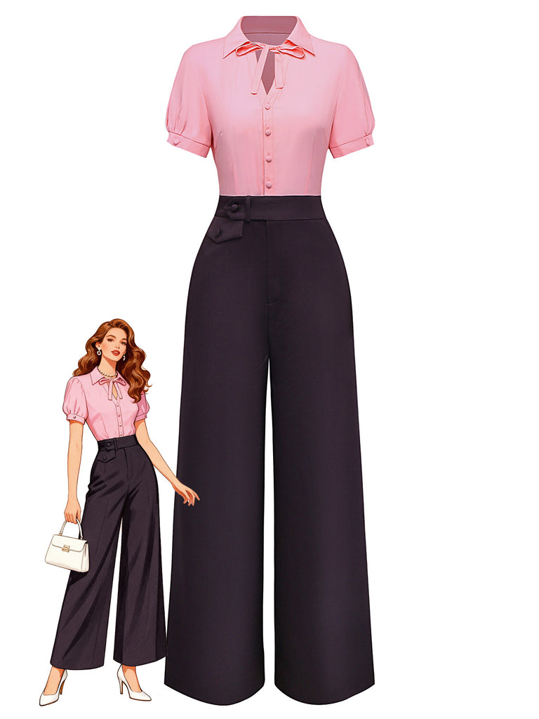 [Pre-Sale] Pink & Gray 1930s Bow Collar Lapel Jumpsuit