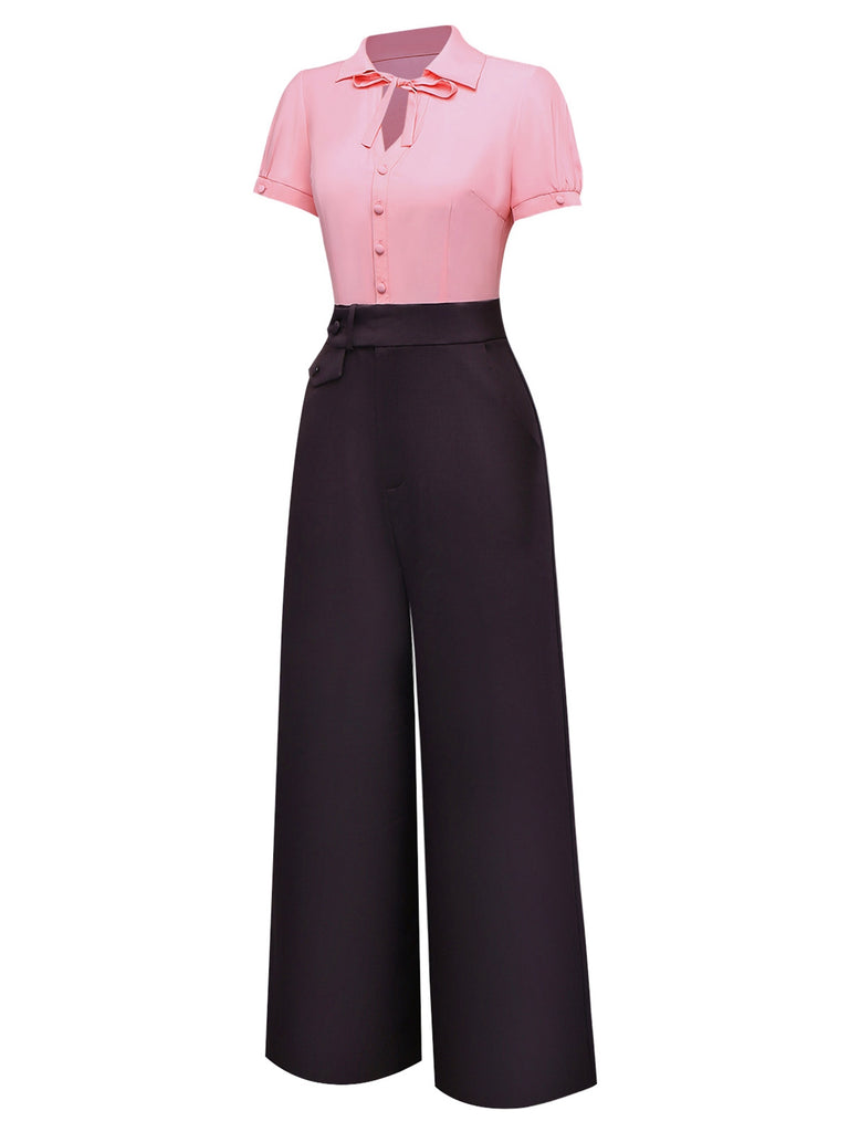 [Pre-Sale] Pink & Gray 1930s Bow Collar Lapel Jumpsuit