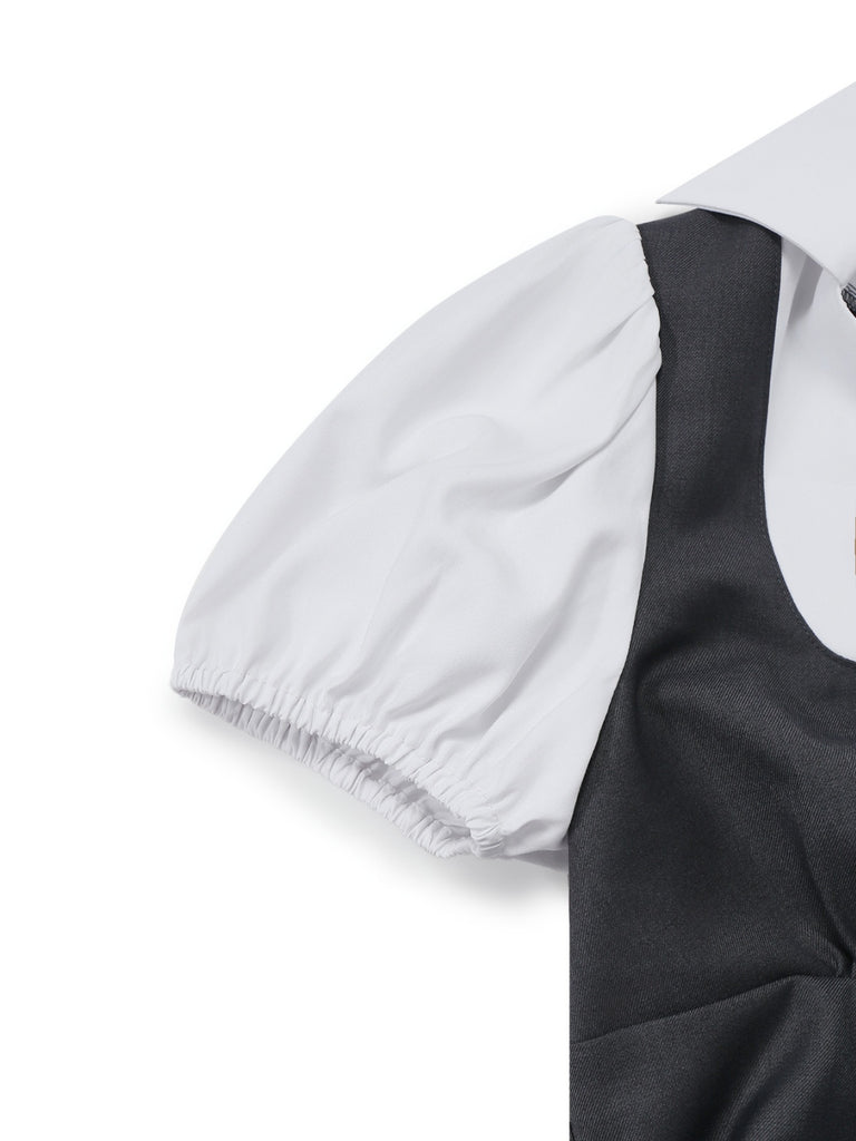 [Pre-Sale] Gray 1950s Faux Two-Piece Johnny Collar Puff Jumpsuit