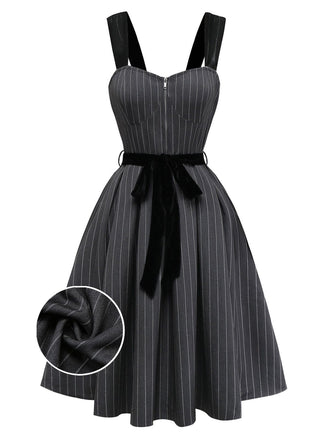 [Pre-Sale] Gray 1950s Velvet Straps Belt Pinstripe Dress