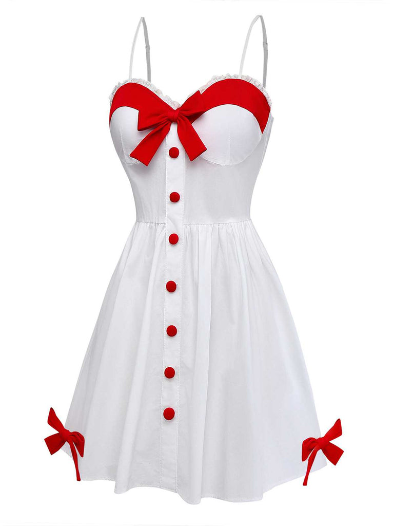 [Pre-Sale] White 1960s Slip Lace Contrast Bow Valentine Dress
