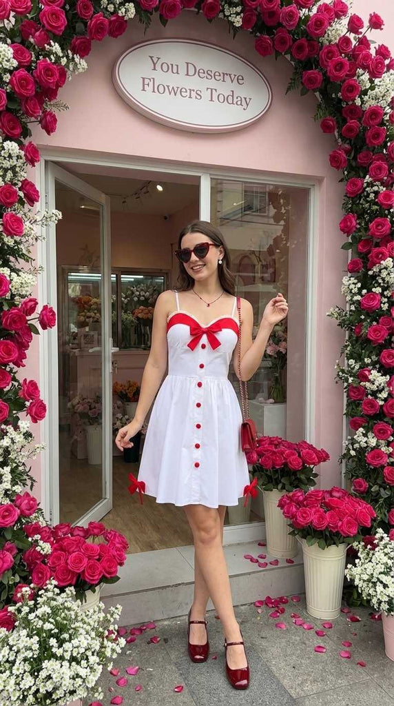 [Pre-Sale] White 1960s Slip Lace Contrast Bow Valentine Dress