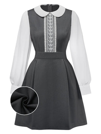 [Pre-Sale] Grey 1960s Peter Pan Collar Lace Fake Two-Piece Dress