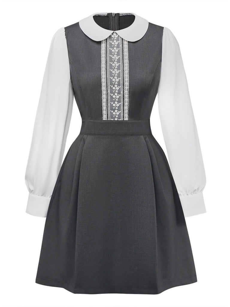 [Pre-Sale] Grey 1960s Peter Pan Collar Lace Fake Two-Piece Dress