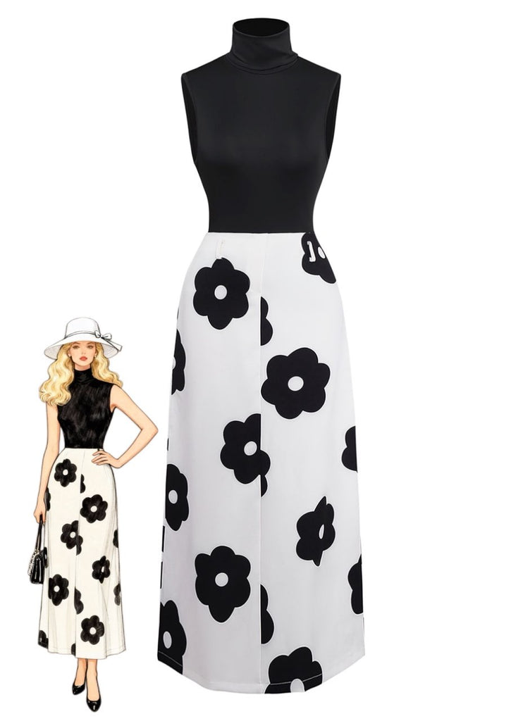 2PCS Black 1930s Turtleneck Top & Floral Skirt