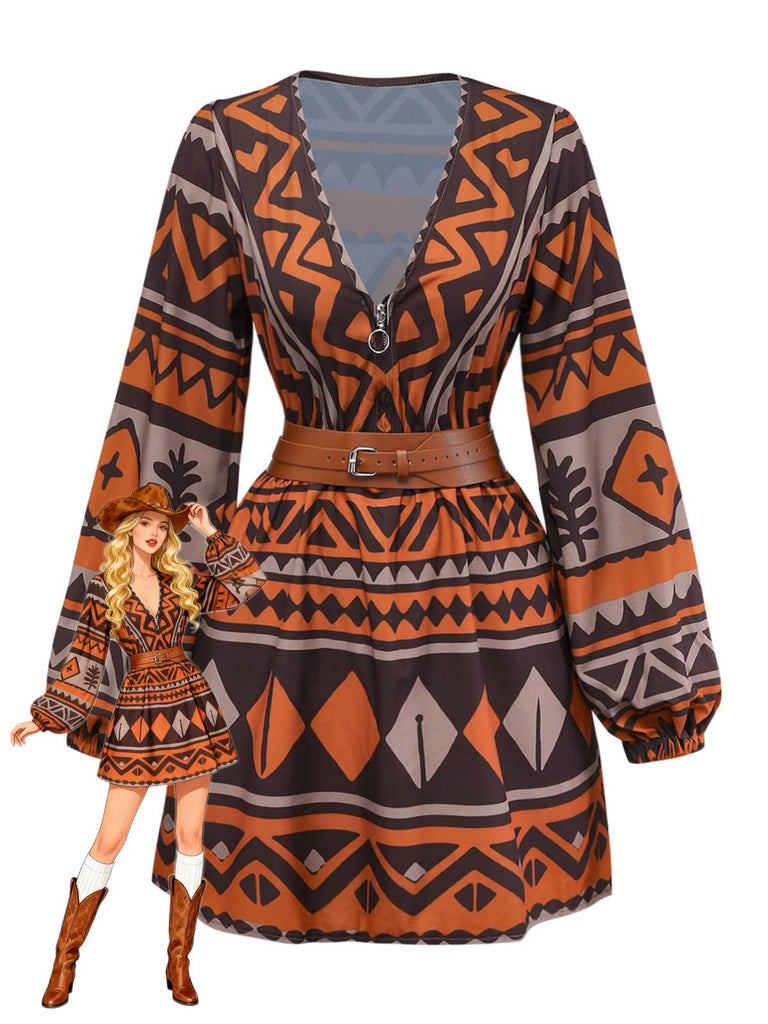 Brown 1970s Deep V-Neck Tirbal Print Boho Dress