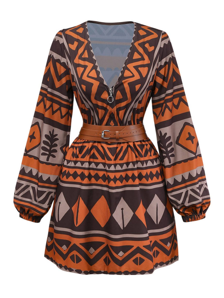 Brown 1970s Deep V-Neck Tirbal Print Boho Dress