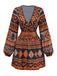 Brown 1970s Deep V-Neck Tirbal Print Boho Dress