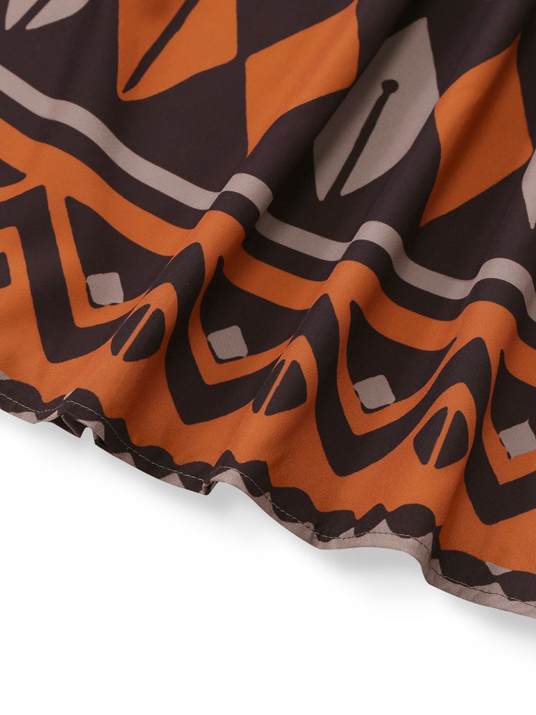 Brown 1970s Deep V-Neck Tirbal Print Boho Dress